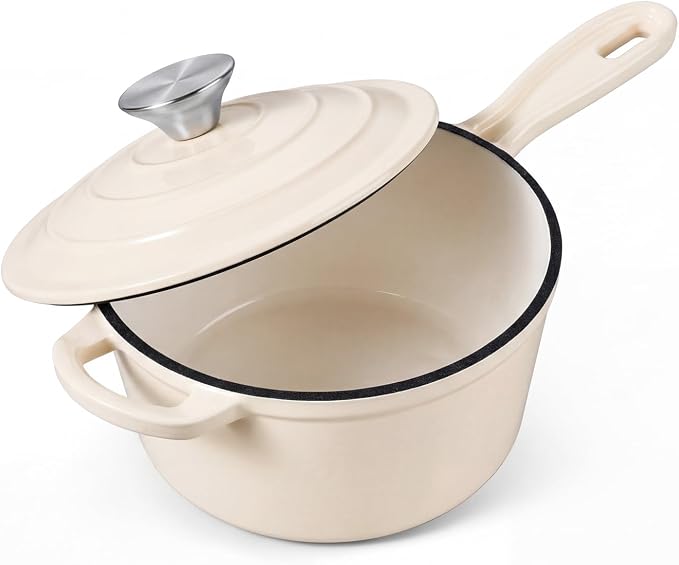 Onader 2QT Saucepan with Lid, Enameled Cast Iron Sauce Pan Pot, Small Dutch Oven Cooking Kitchen Pot, Nonstick & Heavy Duty – Cream White