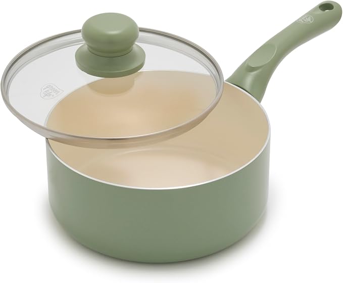 GreenLife 2QT Ceramic Nonstick Saucepan with Lid, Sage Green | PFAS-Free Ceramic Nonstick Coating, Soup Pot, Induction Ready, All Stovetop Compatible, Stay-Cool Handles, Dishwasher Safe