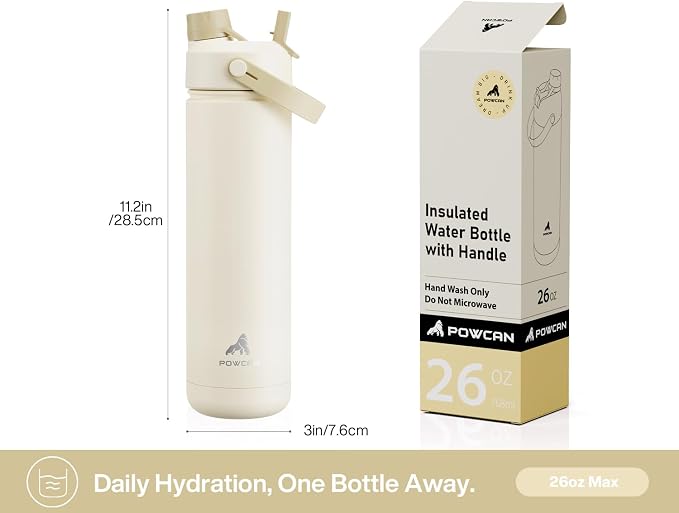 POWCAN 26 oz Insulated Water Bottle with 2-in-1 Straw and Spout Lid, Keep Cold 24H, Leak-Proof, Fits in Car Cup Holder, Stainless Steel Water Bottle for Sports, Travel, Gift, School (Treat Retreat)