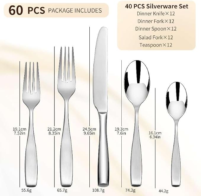 60-Piece 18/10 Stainless Steel Flatware Set for 12, Heavy Duty Silverware Set, High End Flatware, Dishwasher Safe, Ideal for New Home Essentials Gift