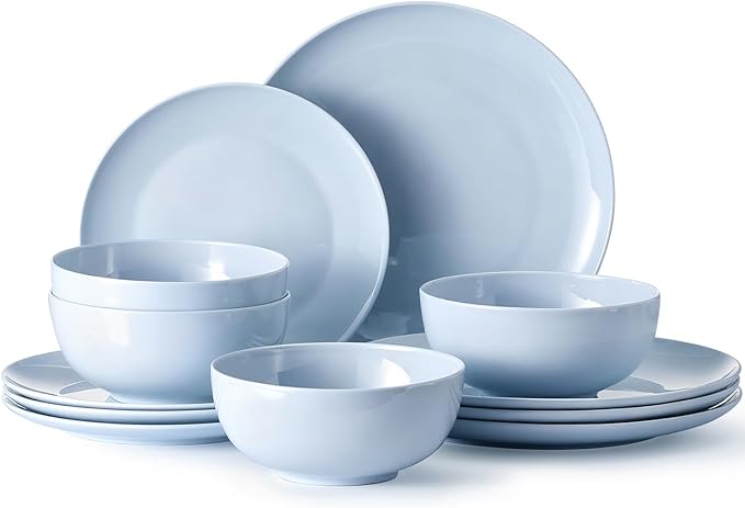 24-Piece Bone China Dinnerware Set for 8, Misty Blue | Lightweight Porcelain | Round Plates & Bowls | Scratch Resistant | Durable Ceramic | Microwave & Dishwasher Safe