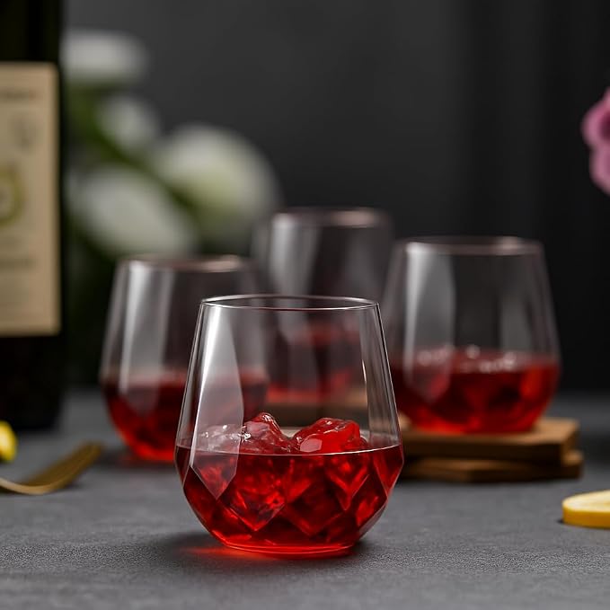 Oojami 40 Pack Disposable Plastic Wine Glasses 12 oz Diamond - Stemless Unbreakable Cocktail Glasses Champagne Wine Cups, BPA-Free Shatterproof Reusable Recyclable for Wedding Birthday Party (Clear)