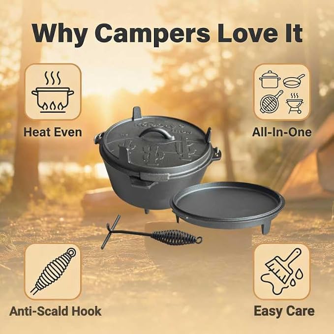 6.3qt Cast Iron Camping Dutch Oven,with 12inch Skillet Lid Outdoor Dutch Oven,Includes Claw Foot kazan for Baking,Braising,Campfire Cooking