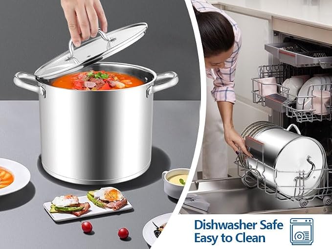 E-far 10 Quart Pot, Stainless Steel Stock Cooking Pot with Glass Lid for Soup Canning Stewing Simmering, Heavy Duty Large Cookware with Triply Base for Induction Gas Ceramic Stoves, Dishwasher Safe
