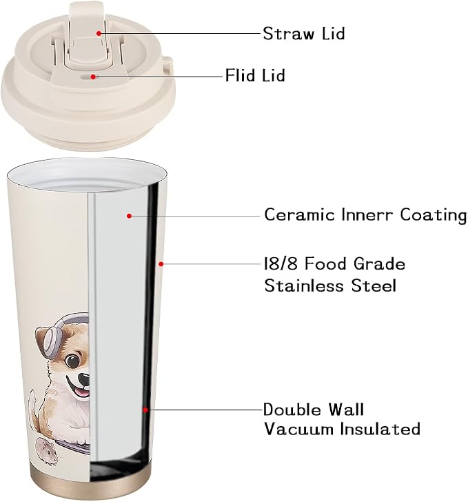 Funkrin Coffee Travel Mug with Flip Lid, 16oz Insulated Tumbler Cup with Ceramic Coating, Double Wall Vacuum Leak-Proof Tumbler for Office School Party Camping