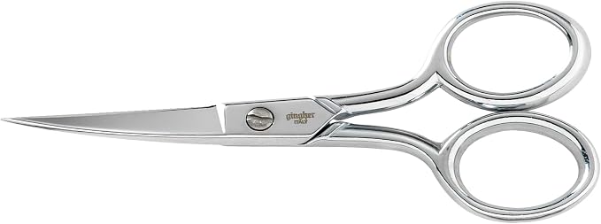 Gingher 4" Curved Embroidery Scissors, Premium Forged Steel Shears, Sharp Knife Edge Sewing Scissors for Precise Cuts with Protective Sheath, Ambidextrous Design, Chrome Plated Nickel Finish