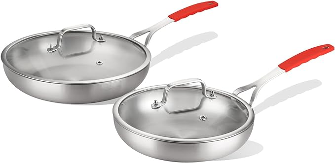 DELARLO Tri-Ply Stainless Steel Frying Pan Set 8" 10" with Lid Skillet | Stainless Steel Pan Cooking Heat fast and evenly Compatible with All Cooktops Dishwasher and Oven Safe