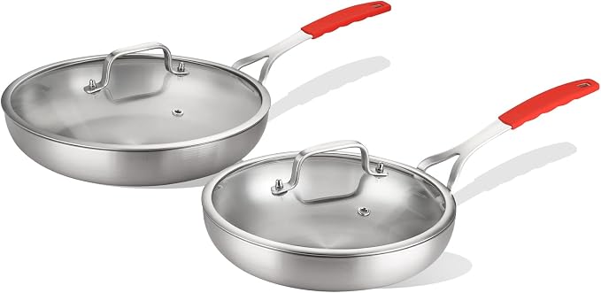 DELARLO Tri-Ply Stainless Steel Frying Pan Set 10" 12" with Lid Skillet | Stainless Steel Pan Cooking Heat fast and evenly Compatible with All Cooktops Dishwasher and Oven Safe