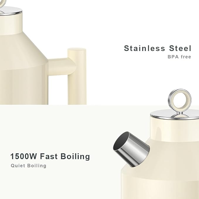 ASCOT Electric Kettle, 1.5L Stainless Steel Interior, Plastic-Free, 1500W Fast Boil, Retro Design, Auto Shut-Off & Boil-Dry Protection, Cream