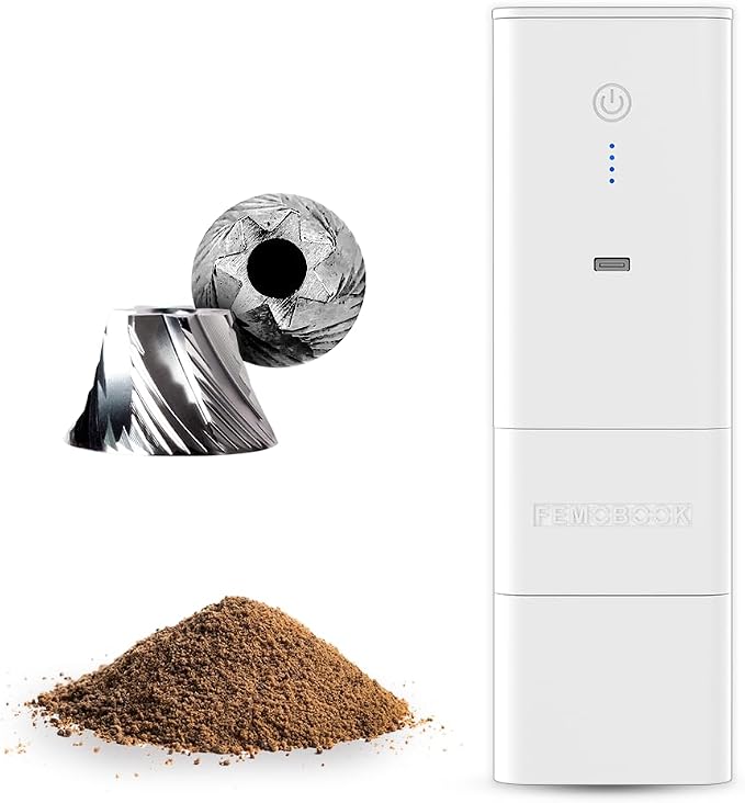 FEMOBOOK-A2 White Portable Electric Coffee Grinder, Cordless Burr Grinder | USB Rechargeable Coffee Grinder Magnetic Grounds Cup for Travel & Home Brewing