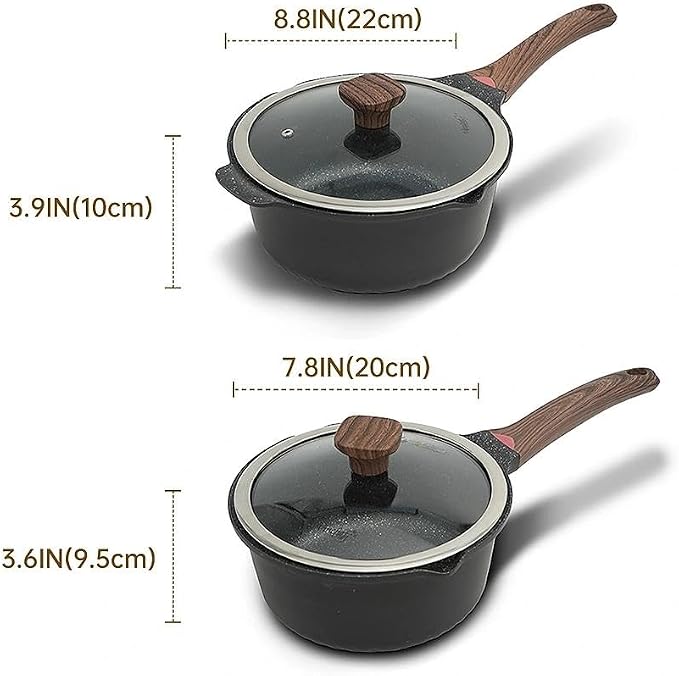 Vinchef 3QT & 4QT Sauce Pot Set with Lids, Nonstick, Black | PFAS-free nonstick resists scratches and stains, dishwasher-safe, induction-ready, stay-cool handles, easy-release cooking.