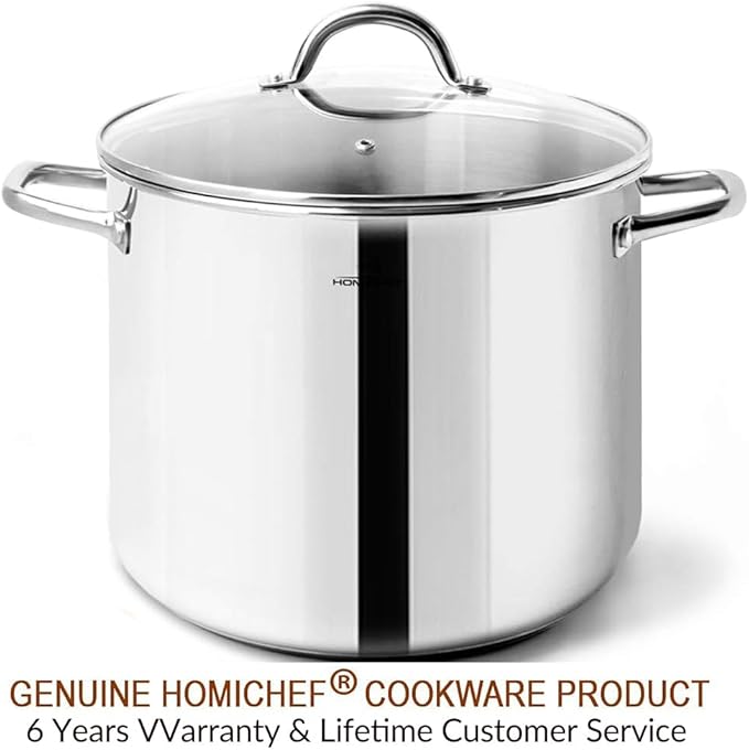 HOMICHEF 10 Quart Stock Pot With Glass Lid - Nickel Free Stainless Steel 10 Qt Pots With Handle - Mirror Polished StockPot 10 Quart - Induction Cooking Pots With Lid - Healthy Soup Pot