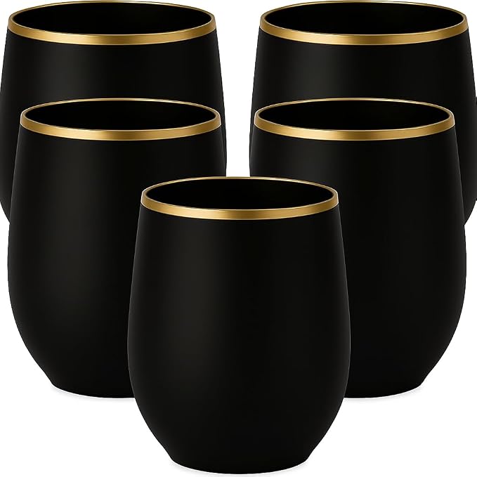 40 Pack Disposable Plastic Wine Glasses 12 oz Black Gold Rim Matte Cups | Stemless Cocktail Champagne Whiskey, Shatterproof BPA-Free Unbreakable Reusable, for Wedding Birthday Party Outdoor Events