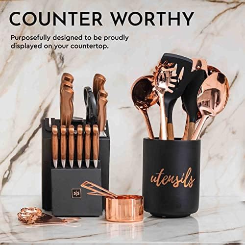 Styled Settings Copper Knife Set with Block & Built-In Sharpener, 14-Piece | Ultra-Sharp Full Tang Kitchen Knives with Block and Sharpener Built-In, Cooking & Prep Essentials, Copper Kitchen Accessories