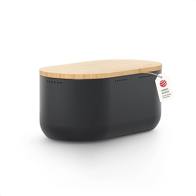 LARS NYSØM Bread Box I Metal bread box for long lasting freshness with non-slip pads I Baked goods Bin with bamboo lid usable as cutting board I 13.6x7.3x6.2in (Carbon Black)