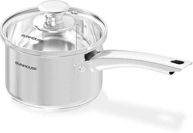 SUNHOUSE 1.5 QT Stainless Steel Sauce Pan with Lid, Small Pot for Cooking | PFOA-Free Uncoated Milk Pan & Butter Warmer, Mini Saucepan with Impact Bonding Base for Induction, Gas, Electric
