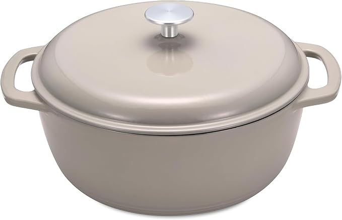 Amazon Basics Cast Iron Dutch Oven Pot with Lid, Enameled, Dual Handles, Round, Heavy-Duty, Small, 4.3-Quart, Linen Gray