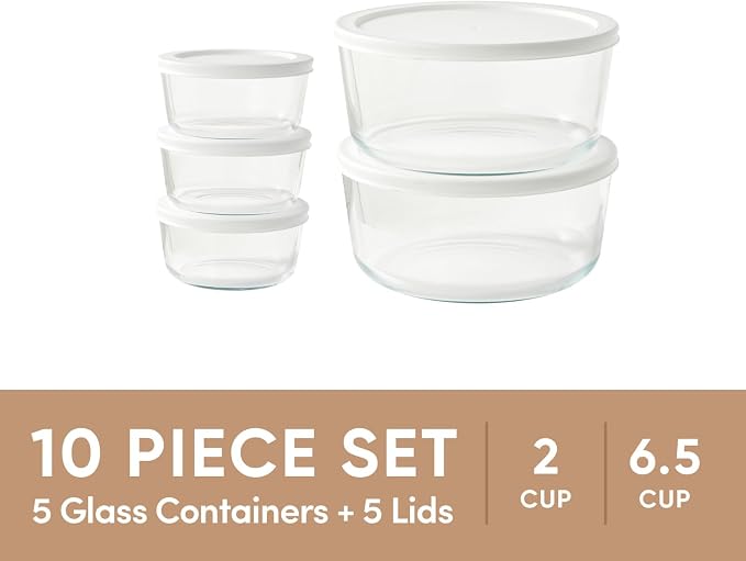 10-Piece Glass Food Storage Containers Set (5 Containers + 5 BPA-Free Lids) | 2-Cup & 6.5-Cup, Leakproof | Microwave, Freezer, Oven & Dishwasher Safe | Ideal for Meal Prep & Pantry Organization, White