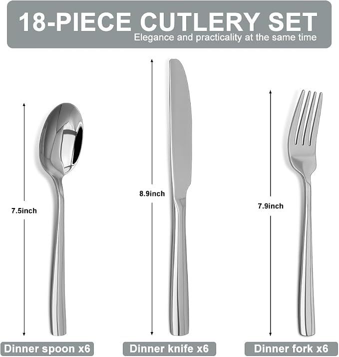 Silverware Set,18/10 Stainless Steel 18Piece Silverware Set For 6,With Dinner Knives Spoon Forks Set for Home, Kitchen and Restaurant, Mirror Polished& Dishwasher Safe