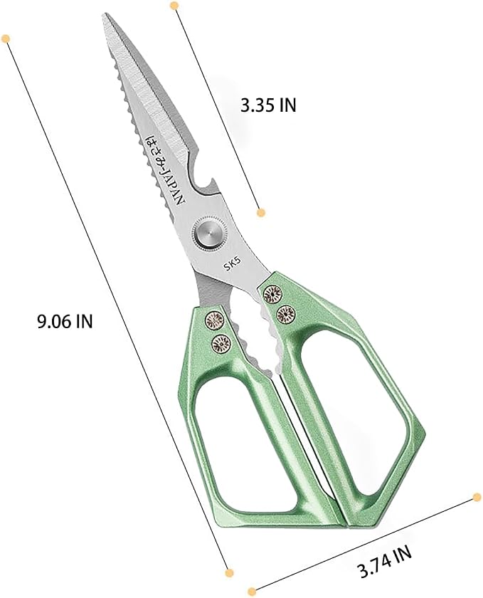 Heavy Duty Rust Proof Multi-Purpose Kitchen Shears(Green) | Suitable for Chicken, Fish, Steak and Vegetables. Built-In Fish Scaler & Bottle Opener, Dishwasher Safe.