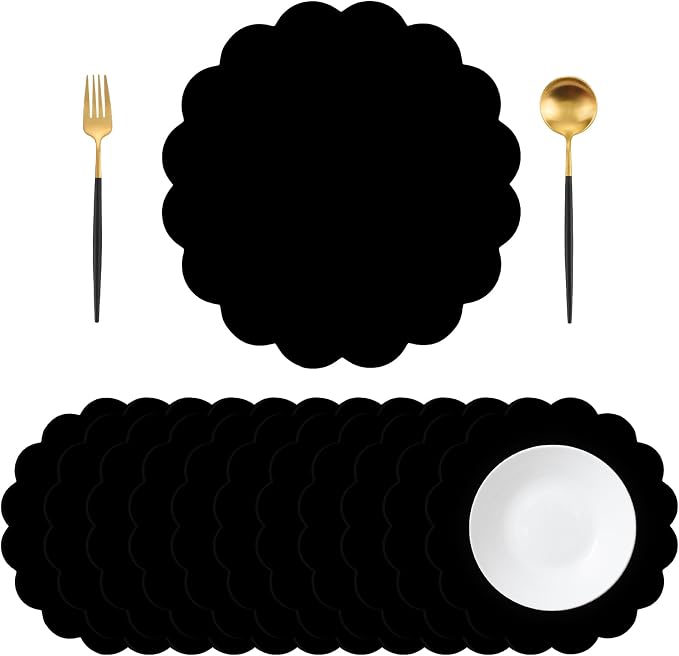 50 Pcs Black Paper Placemats Disposable, 13.5 Inch Disposable Scalloped Placemat for Birthday Wedding Baby Shower Banquet Tea Party