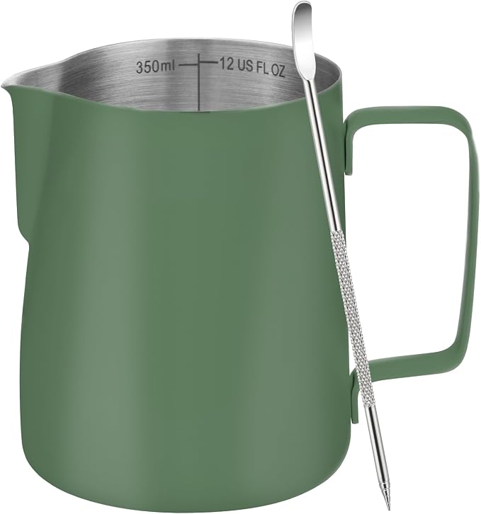 Amrules Milk Frothing Pitcher, 12 oz Milk Frother Cup with Clear Scale, 304 Stainless Steel Cappuccino Espresso Machine Accessories for Barista Coffee Bar with Latte Art Pen, Green