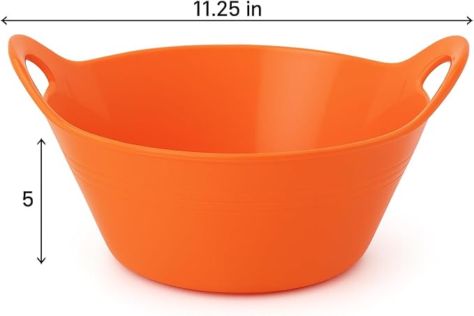 Mintra Home Plastic Bowls – Ideal for Popcorn, Cereals, Snacks, Kitchen Use & Halloween Trick or Treats Candies – Durable, Lightweight, Dishwasher Friendly, 4.5L w/Handles, Orange, 11.25W x 5H, 2 Pack