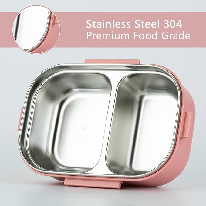 Lille Home 28oz Stainless Steel Leakproof 2-Compartment Bento Lunch Box | Portion Control Metal Lunch Box Food Container with Lunch Bag and Cutlery Set, BPA Free (Pink)