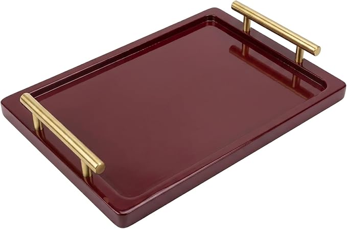 PEKER Wooden Serving Tray with Metal Handles, Black Decorative Coffee Table Tray for Breakfast in Bed, Ottoman & Home Décor, Wooden Food Tray for Kitchen