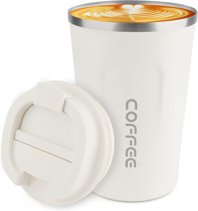 CS COSDDI 12 oz Stainless Steel Vacuum Insulated Tumbler - Coffee Travel Mug Spill Proof with Lid - Coffee Cup for Keep Hot/Ice Coffee,Tea and Beer (White) | Stainless Steel Double-wall insulation, 6-Hour Heat Retention, 360°Leak proof, BPA-free, Reusa...