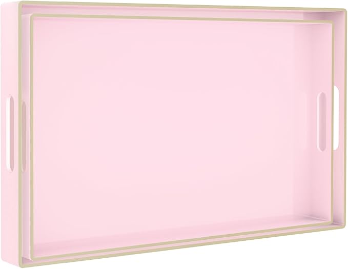 Pink Serving Tray with Handles, Plastic Decorative Tray Set of 2 | Pink Decorative Tray for Coffee Table, Modern Ottoman Tray, Rectangle Melamine Tray for Living Room, 15.8"L x 10.2"W x 1.4"H