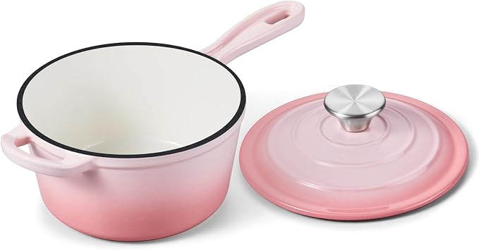 Onader 1QT Enameled Cast Iron Saucepan with Lid, Small Sauce Pan, Enamel Cast Iron Dutch Oven Cooking Kitchen Pot, Nonstick – Pink