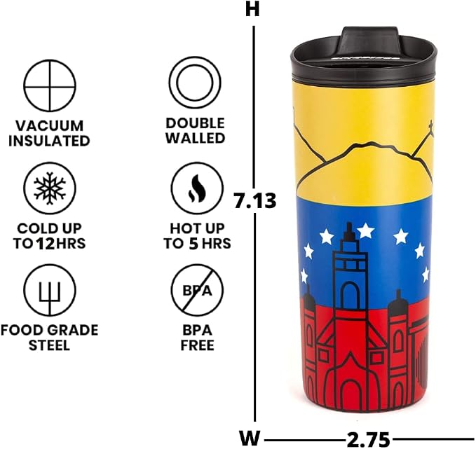 Venezuela Vacuum Insulated Stainless Steel Thermal Travel Mug, 16 oz, Easy Clean, Flip leak Proof Lid Venezuelan Flag