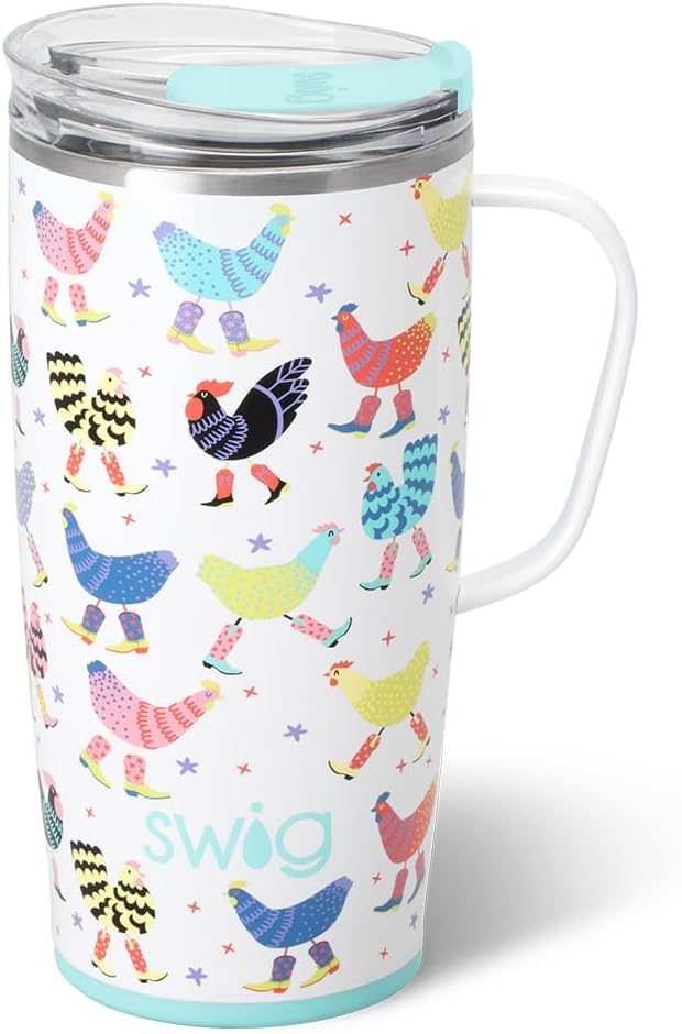 Swig Life 22oz Insulated Travel Mug with Handle & Lid, Funky Chicken | Triple Insulated Stainless Steel - Handle & Lid Included - Keeps Coffee Hot or Cold - Cup Holder Friendly
