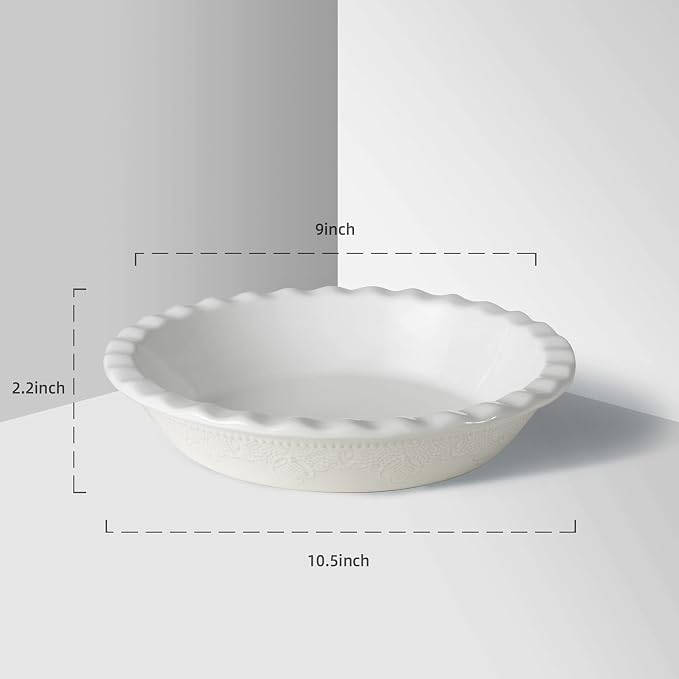 Pie Pan, 9 Inch Ceramic Pie Dish, Deep Dish Pie Pan with Lace Emboss, Ruffled Pie Plate for Baking, Thanksgiving Christmas Gifts, Set of 2, White