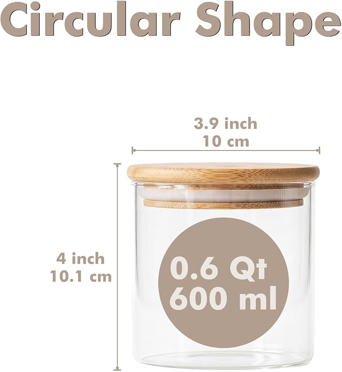 6-Pack 0.6Qt Small Round Glass Storage Jars with Bamboo Lids | Minimalist Kitchen Organizer,Pantry Storage Container,Food Storage Container,Scandinavian Style Storage,Nordic Style Storage