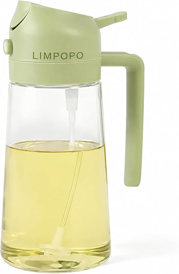 LIMPOPO Oil Sprayer for Cooking 16oz/470ml, Glass Olive Oil Dispenser Bottle, 2-in-1 Spray Mist & Stream Container for Air Fryer, Salad, BBQ, Baking & Grilling (Green)