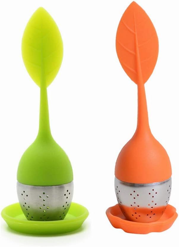 Tea Infuser Filter, Silicone Handle Loose Tea Infuser Tea Strainer, Stainless Steel Tea Ball Strainer with Leaf shaped for Tea Cups, Mugs, Teapots (Green Orange)