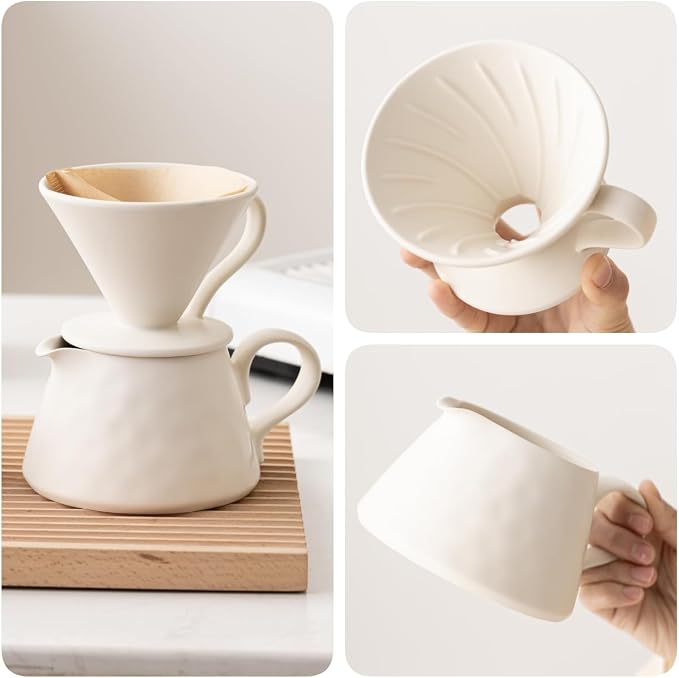 Pour Over Coffee Maker,Ceramic Coffee Maker With 40 pcs Paper Filter，15oz/450ml Ceramic Pour Over Coffee Dripper（Off White）
