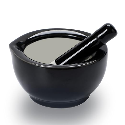Mortar and Pestle Set (3.2 Inch-Black) | Ceramic stoneware, sturdy, multi-purpose, spice/herb/pill, easy-clean, non-slip, comfy, dishwasher-safe, compact, elegant