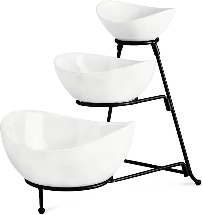 YHOSSEUN 3 Tier Serving Stand with 3 Oval Porcelain Serving Bowl Set | Chip and Dip Serving Dishes For Entertaining, Party, Tiered Sering Tray with Collapsible Thicker Sturdier Metal Rack, Black