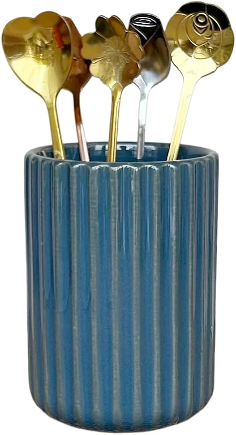 TOPYOKK Stoneware Coffee Bar Utensil Holder Tea & Coffee Spoon & Stirrer Holder for Stir Stick Straw Teaspoon Holder Espresso Spoon Cup Small Utensil Jar Fluted Vertical Stripe (Navy Blue)