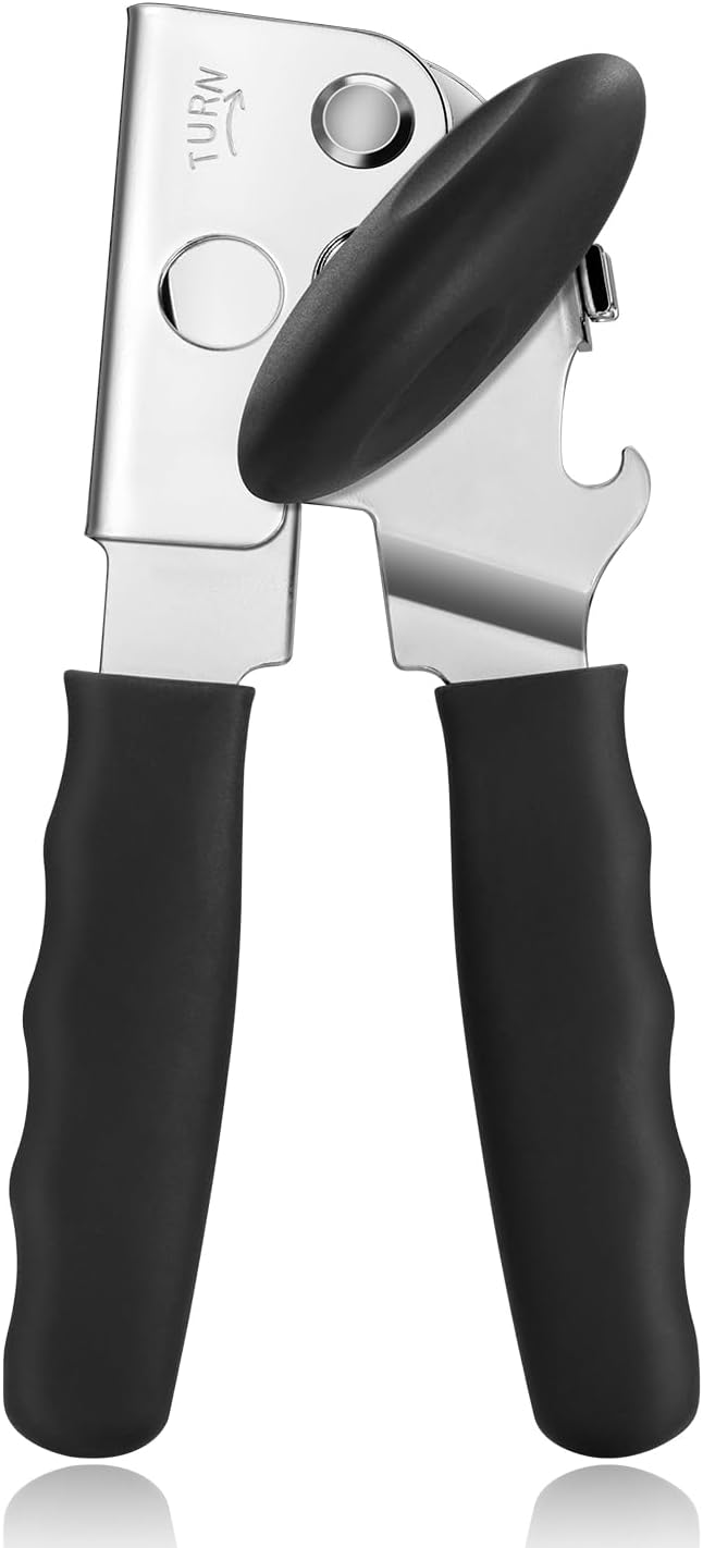 UHIYEE Heavy Duty Hand Can Opener with Comfortable Grip for Seniors, Black | Manual Can Opener, Hardened Steel Blade, Rubber-Coated Handle, Oversize Knob, Built-in Magnet & Bottle Opener