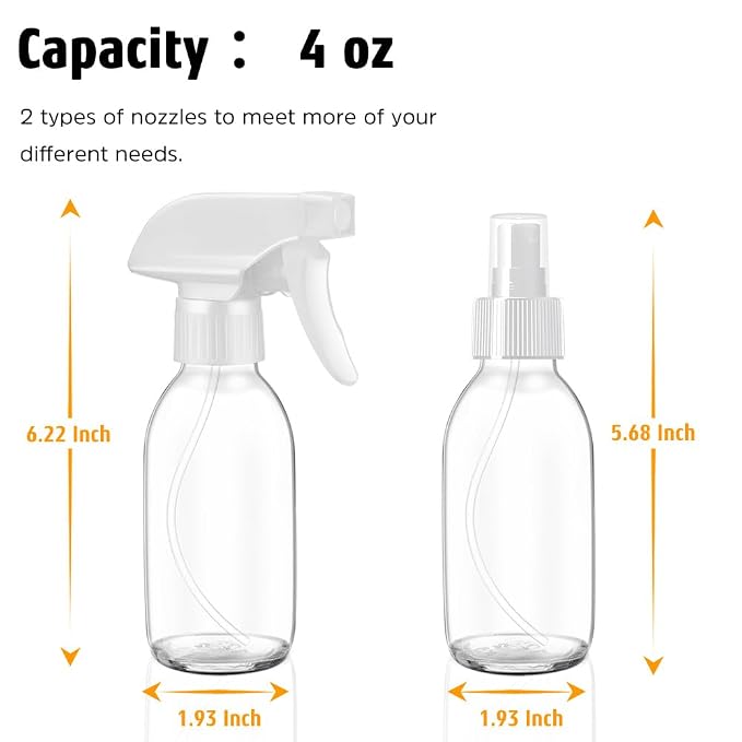 Small Glass Spray Bottle 4 OZ, 2 Pack Empty Clear Glass Spray Bottles | Empty Spray Bottles for cleaning, Plants, Pets, Hair, Durable Spray Nozzle, Fine Mist, Labels, Funnel, Pipettes, Reusable