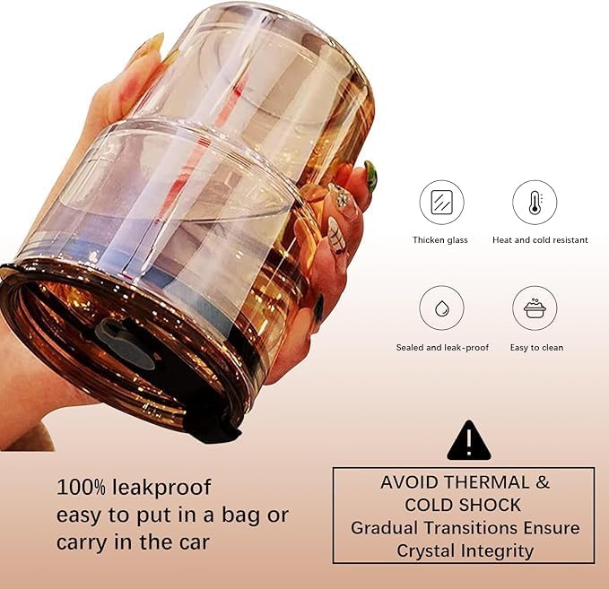 BLUEPOLAR 13oz/400ml Glass Tumbler Water Cup with Straw and Lid, Sealed Carry on for Coffee, Iced Tea, Thick Wall Insulated Amber 2-Pack