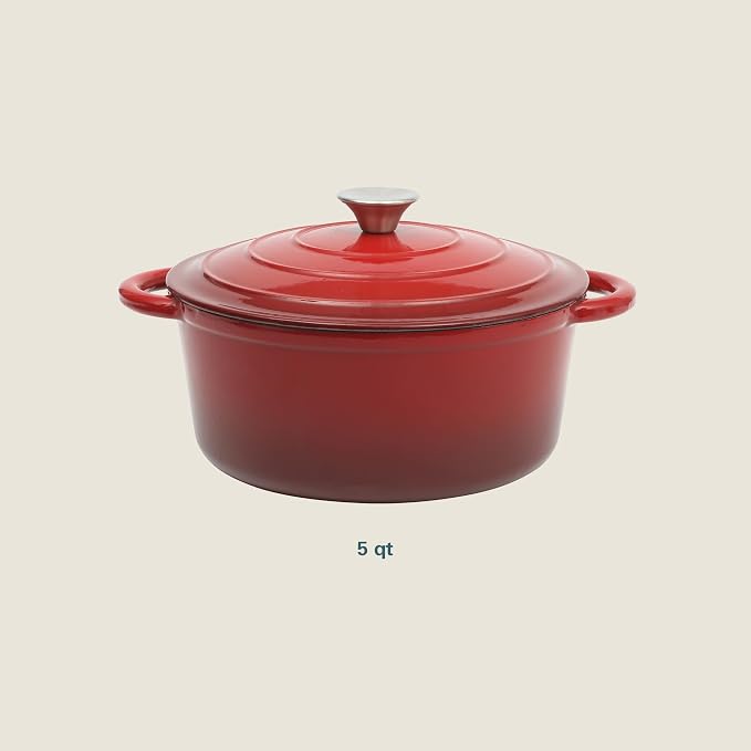 Gibson Home Addlestone 5-Quart Red Enamel Cast Iron Dutch Oven with Lid and Dual Handles – Durable Round Cooking Pot