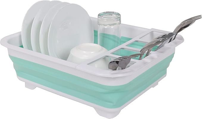 J&V TEXTILES Collapsible Dish Drying Rack - Popup for Easy Storage, Drain Water Directly into The Sink, Room for Eight Large Plates, Sectional Cutlery and Utensil Compartment, Compact (Blue)
