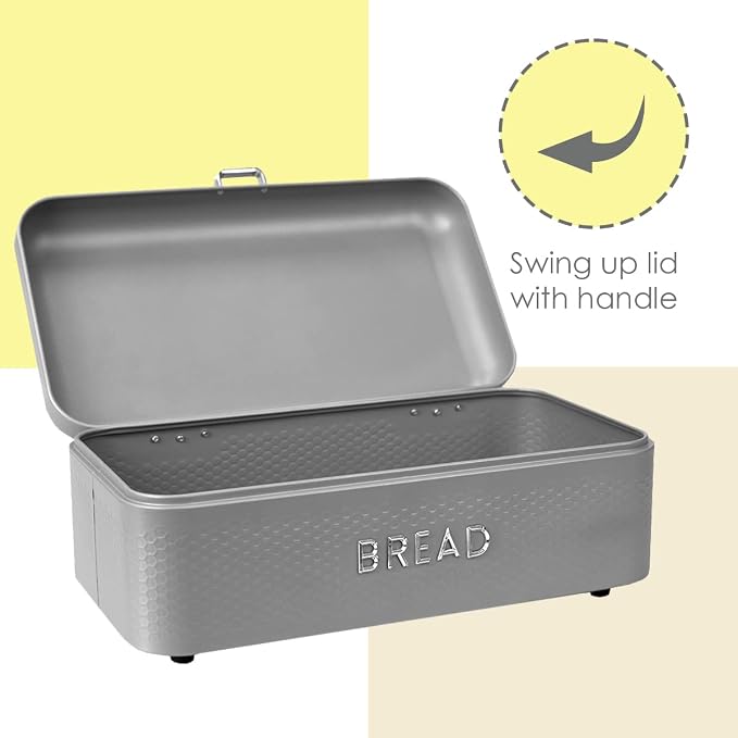 Soho Bread Box For Kitchen Countertop, Metal, (Grey) | By Home Basics, Vented With Hinge Top | Large Bread Box | Keeps Loaves, Bagels, Croissants Fresh