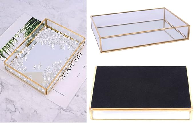 Sooyee Gold Rectangle Mirror Tray, Metal and Glass Fragrance Tray, 12"x8" | Decorative Tray, Can Hold Perfume, Jewelry, Cosmetics, Makeup, Magazine and More, For Vanity, Dresser, Bathroom, Bedroom