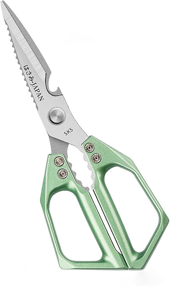 Heavy Duty Rust Proof Multi-Purpose Kitchen Shears(Green) | Suitable for Chicken, Fish, Steak and Vegetables. Built-In Fish Scaler & Bottle Opener, Dishwasher Safe.